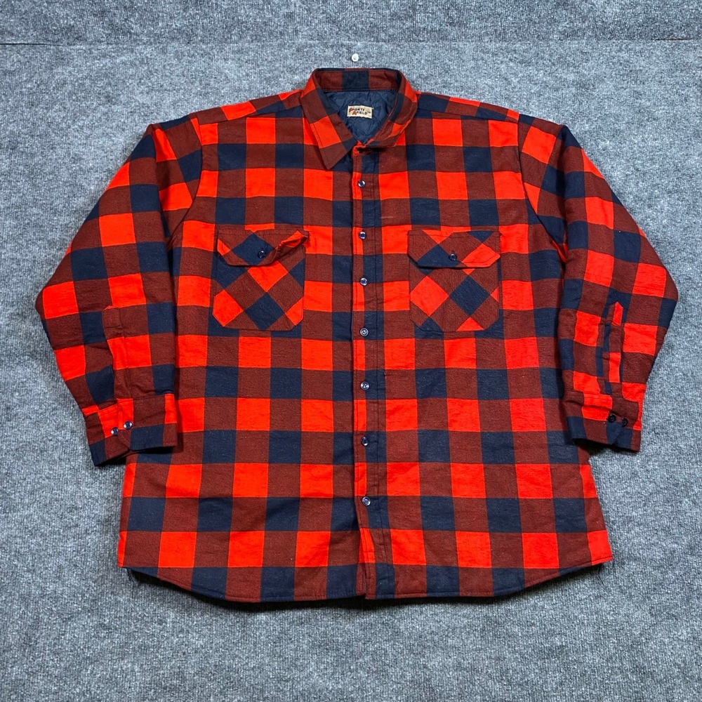 Sports Afield Mens Red Navy Buffalo Plaid Quilted Flannel Shirt Jacket XL